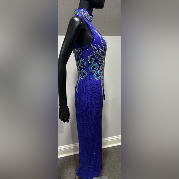 Alyce Designs blue beaded halter long formal evening prom dress 8 vintage - Picture 6 of 11